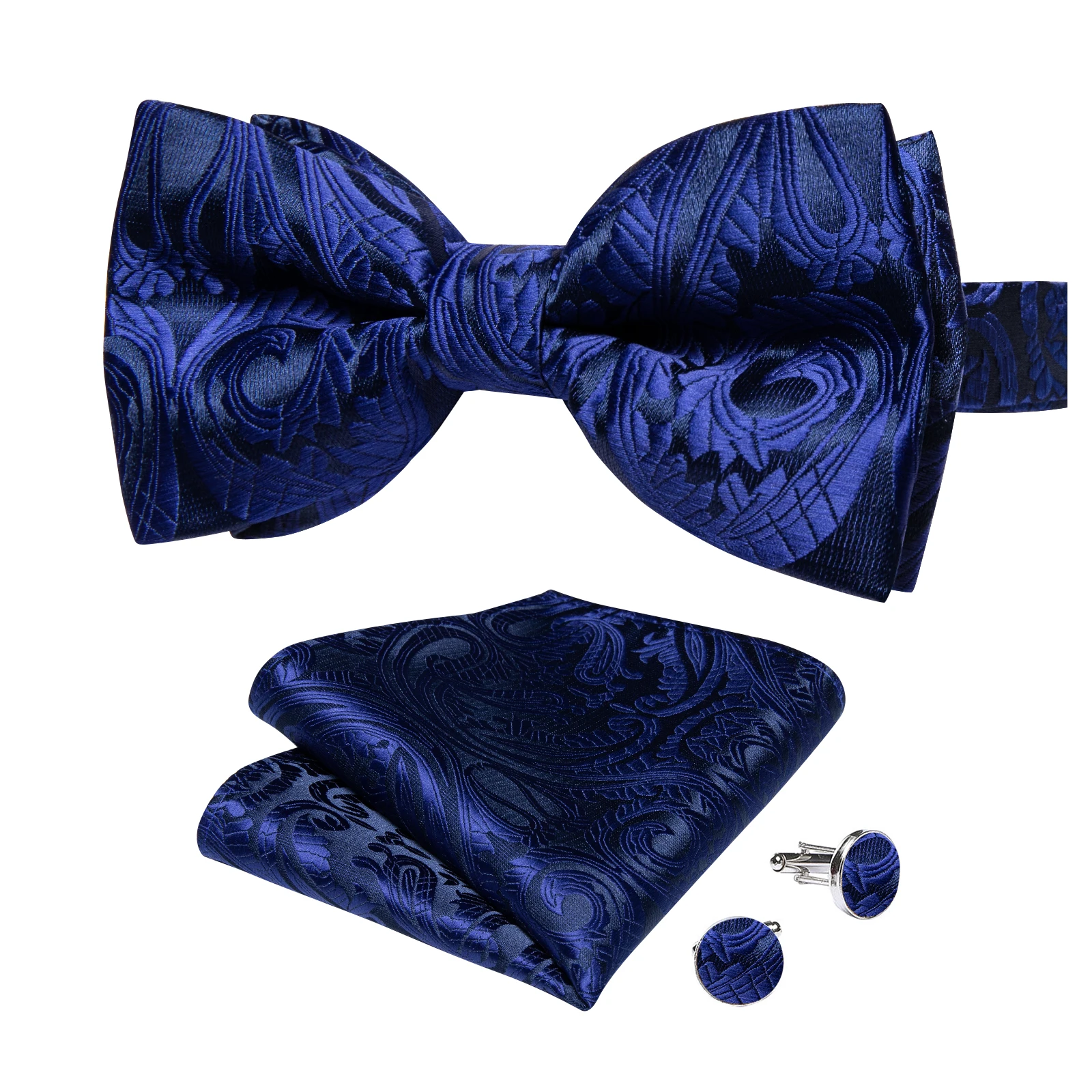 Classic Black Men Bow Ties Bowties Butterfly Pocket Square Cufflinks Set Suit Paisley Gold Pre-Tied Bow Tie