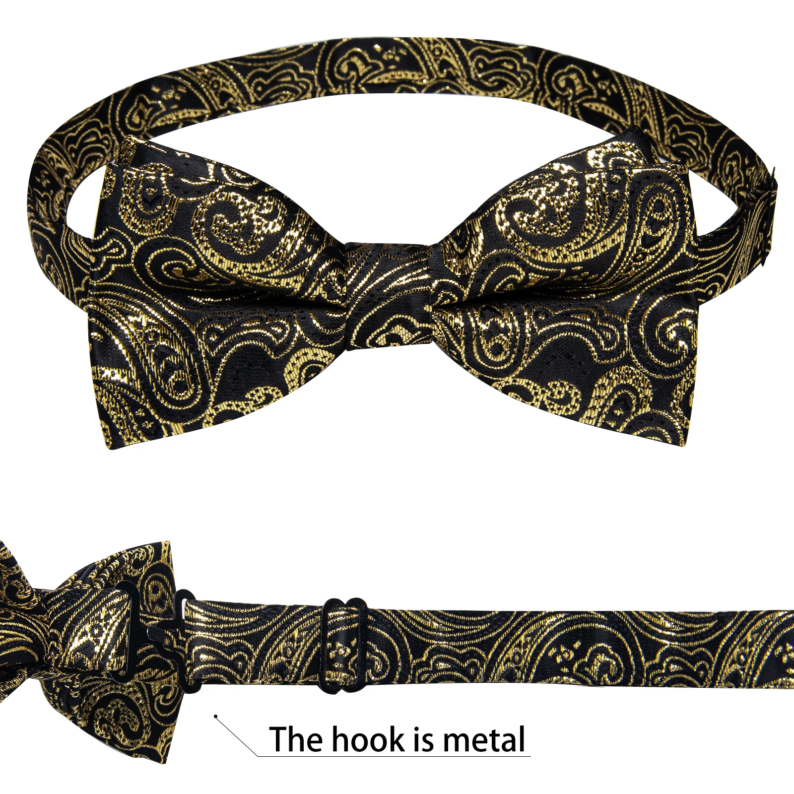 Classic Black Men Bow Ties Bowties Butterfly Pocket Square Cufflinks Set Suit Paisley Gold Pre-Tied Bow Tie