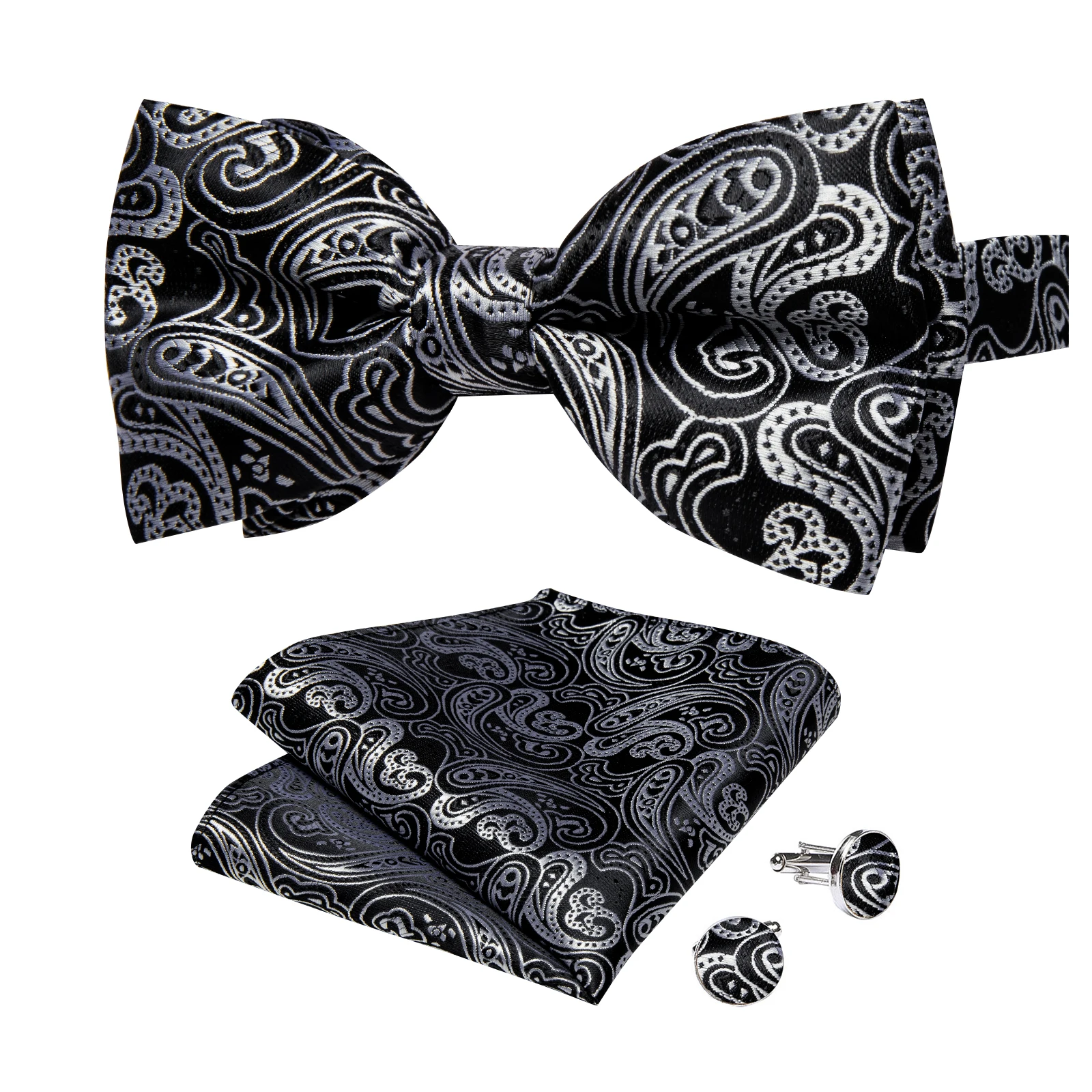 Classic Black Men Bow Ties Bowties Butterfly Pocket Square Cufflinks Set Suit Paisley Gold Pre-Tied Bow Tie