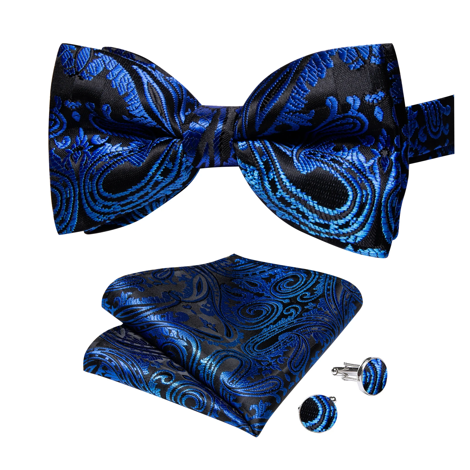 Classic Black Men Bow Ties Bowties Butterfly Pocket Square Cufflinks Set Suit Paisley Gold Pre-Tied Bow Tie