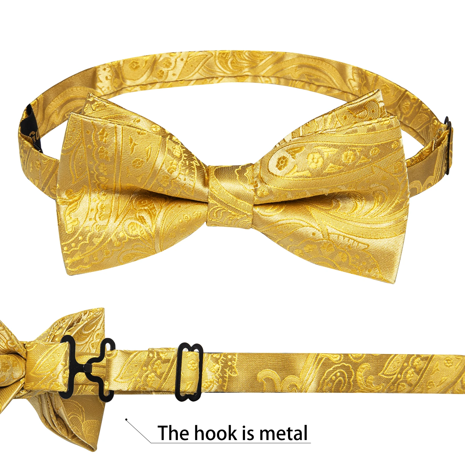 Classic Black Men Bow Ties Bowties Butterfly Pocket Square Cufflinks Set Suit Paisley Gold Pre-Tied Bow Tie