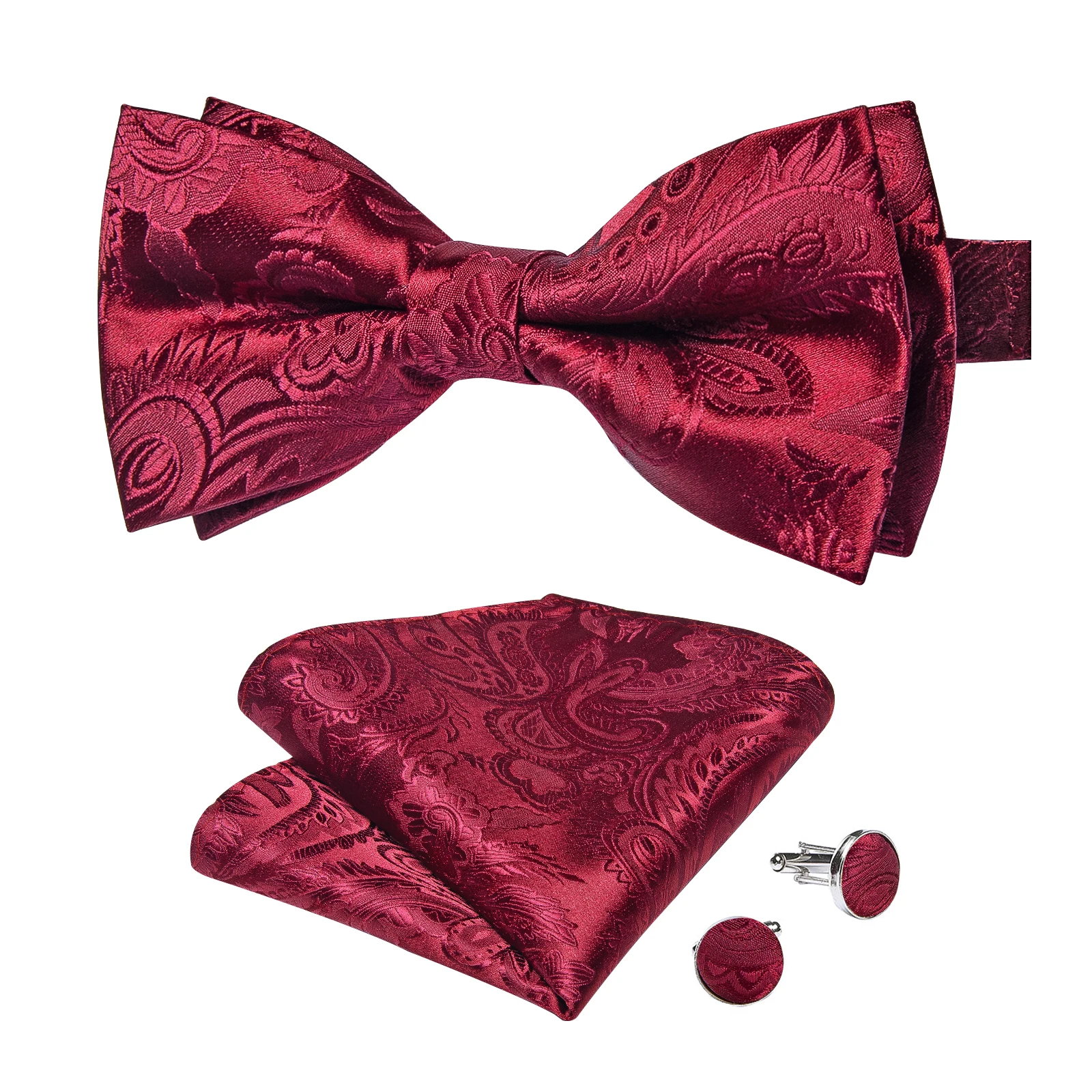 Classic Black Men Bow Ties Bowties Butterfly Pocket Square Cufflinks Set Suit Paisley Gold Pre-Tied Bow Tie
