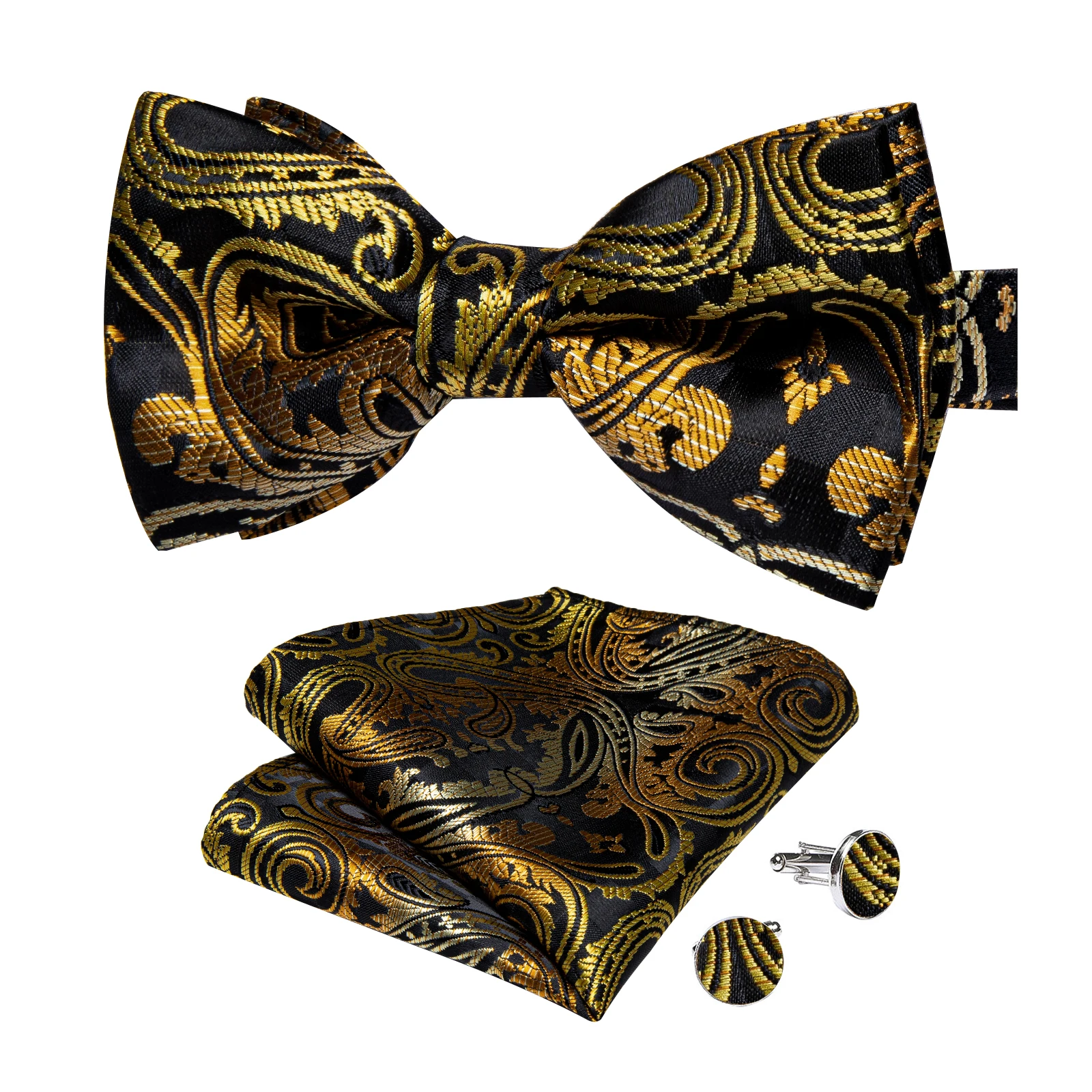 Classic Black Men Bow Ties Bowties Butterfly Pocket Square Cufflinks Set Suit Paisley Gold Pre-Tied Bow Tie