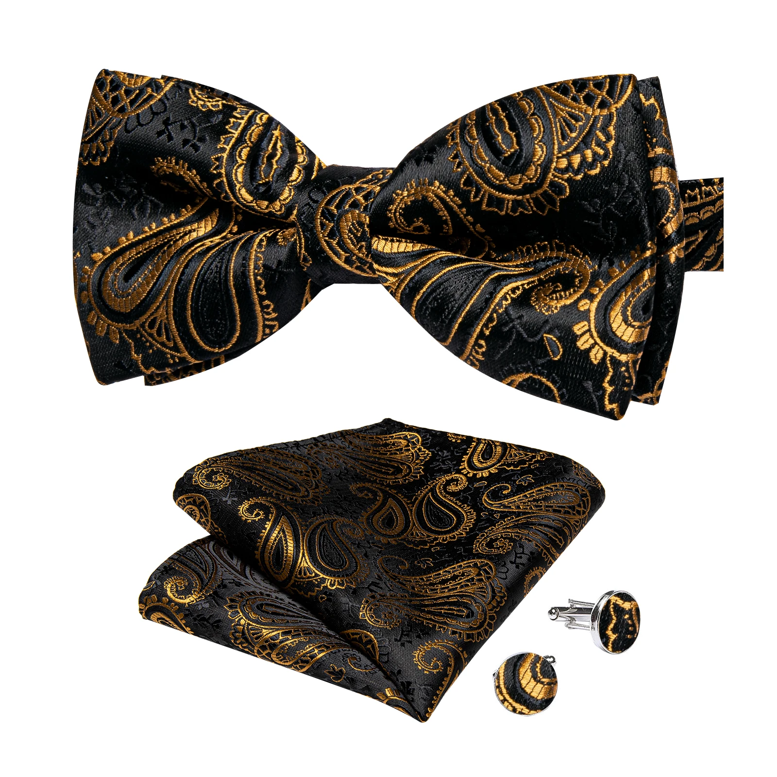 Classic Black Men Bow Ties Bowties Butterfly Pocket Square Cufflinks Set Suit Paisley Gold Pre-Tied Bow Tie