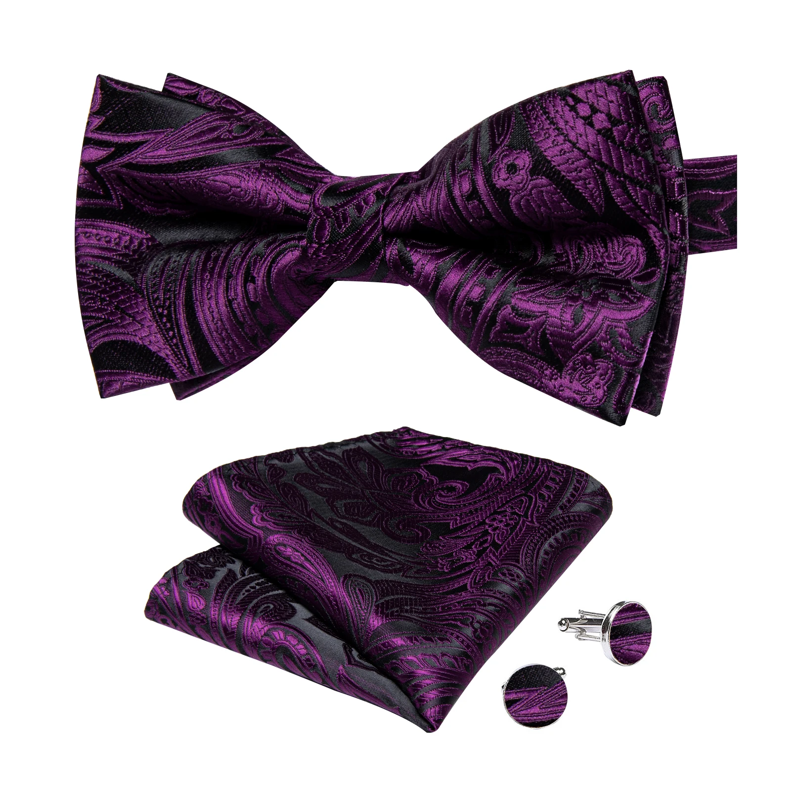 Classic Black Men Bow Ties Bowties Butterfly Pocket Square Cufflinks Set Suit Paisley Gold Pre-Tied Bow Tie