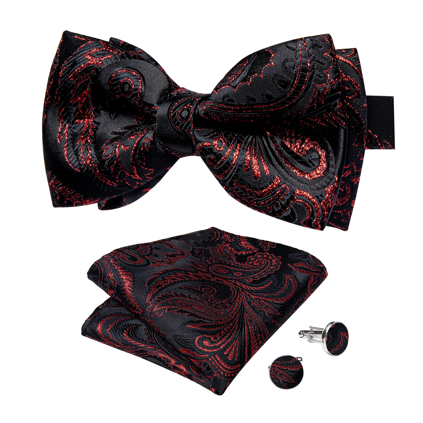 Classic Black Men Bow Ties Bowties Butterfly Pocket Square Cufflinks Set Suit Paisley Gold Pre-Tied Bow Tie