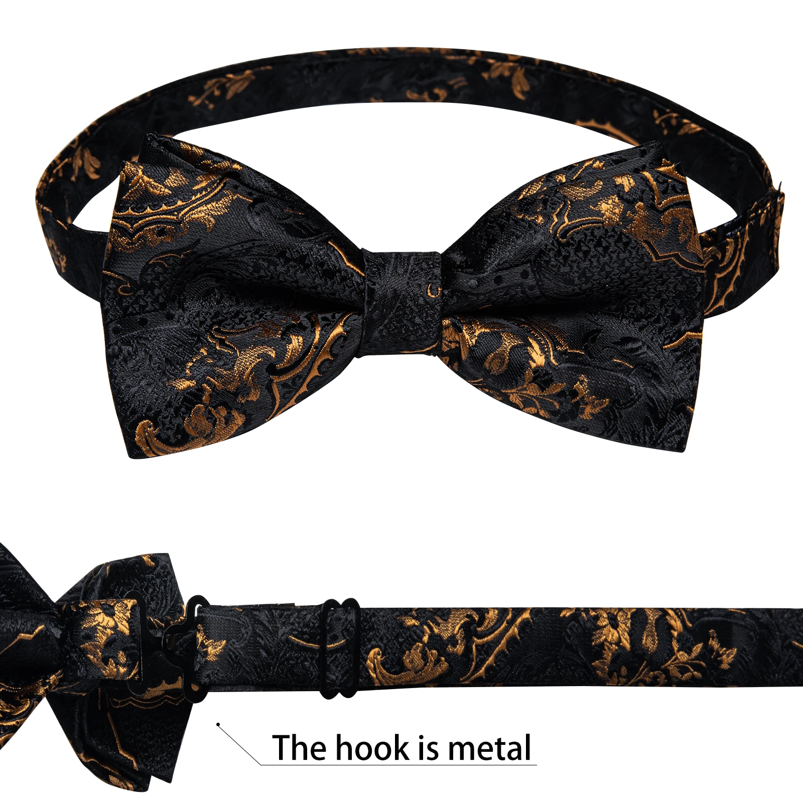 Classic Black Men Bow Ties Bowties Butterfly Pocket Square Cufflinks Set Suit Paisley Gold Pre-Tied Bow Tie