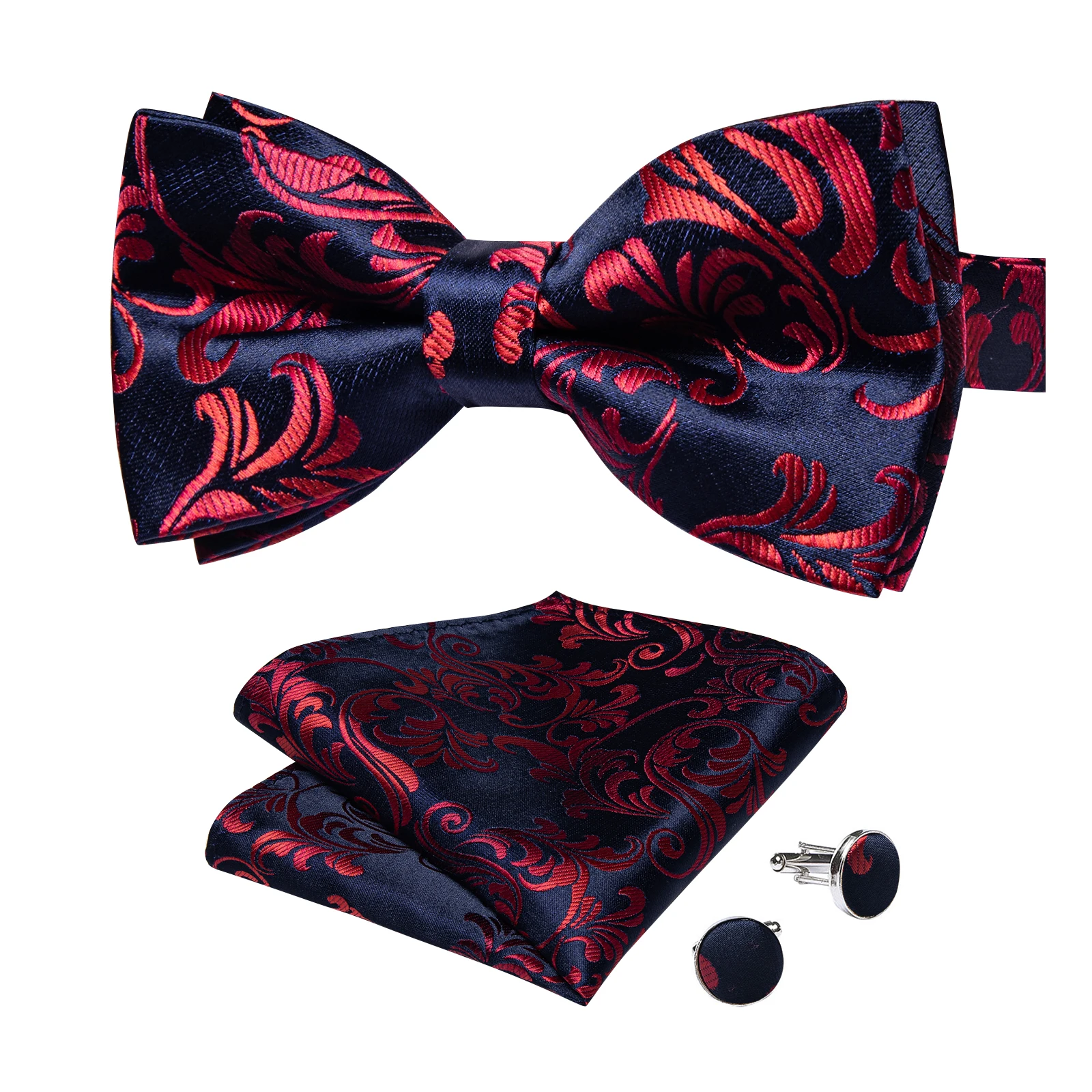 Classic Black Men Bow Ties Bowties Butterfly Pocket Square Cufflinks Set Suit Paisley Gold Pre-Tied Bow Tie