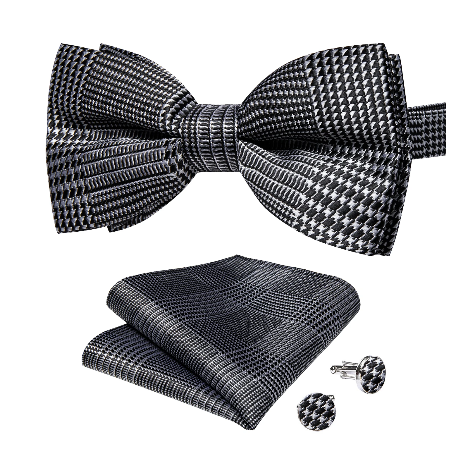 Classic Black Men Bow Ties Bowties Butterfly Pocket Square Cufflinks Set Suit Paisley Gold Pre-Tied Bow Tie