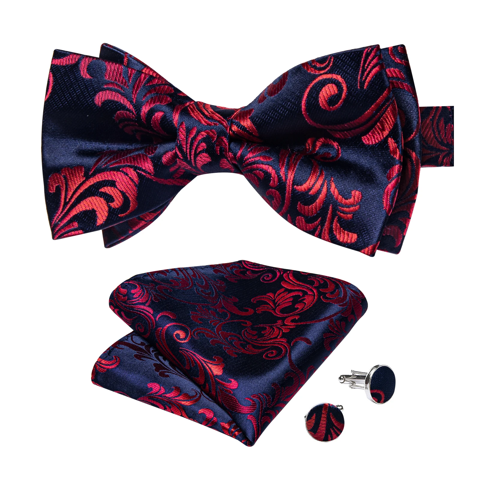 Classic Black Men Bow Ties Bowties Butterfly Pocket Square Cufflinks Set Suit Paisley Gold Pre-Tied Bow Tie