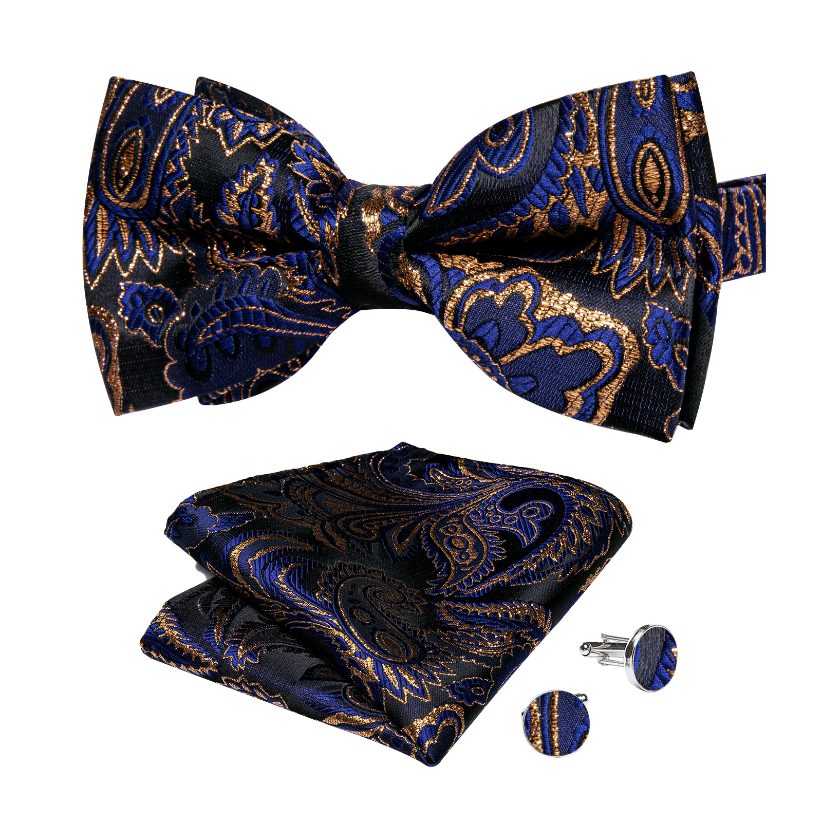 Classic Black Men Bow Ties Bowties Butterfly Pocket Square Cufflinks Set Suit Paisley Gold Pre-Tied Bow Tie
