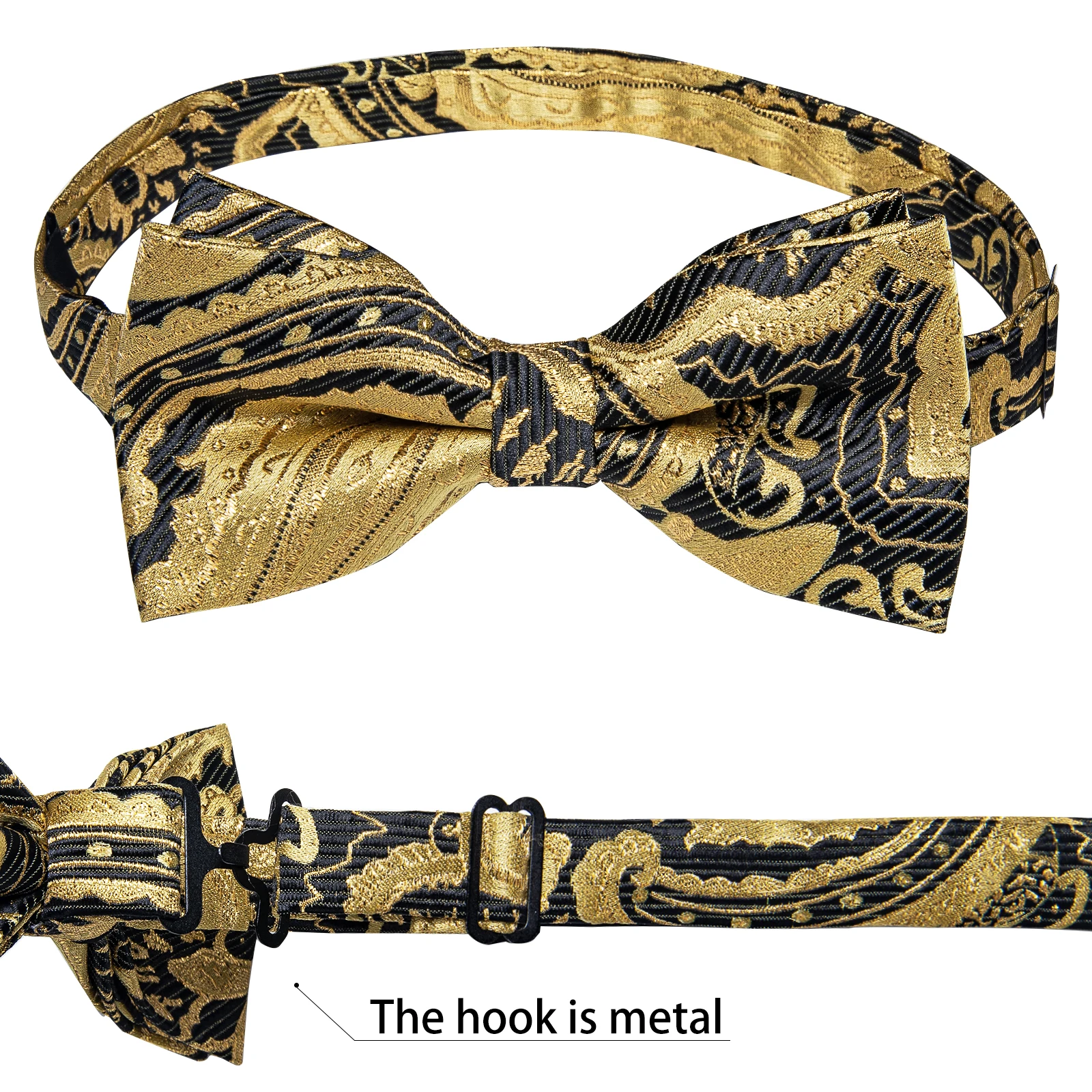 Classic Black Men Bow Ties Bowties Butterfly Pocket Square Cufflinks Set Suit Paisley Gold Pre-Tied Bow Tie