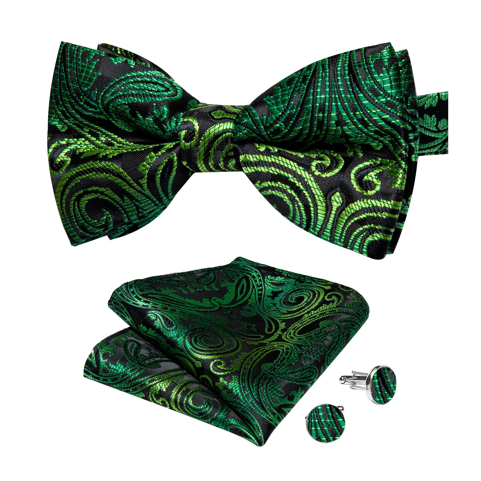 Classic Black Men Bow Ties Bowties Butterfly Pocket Square Cufflinks Set Suit Paisley Gold Pre-Tied Bow Tie