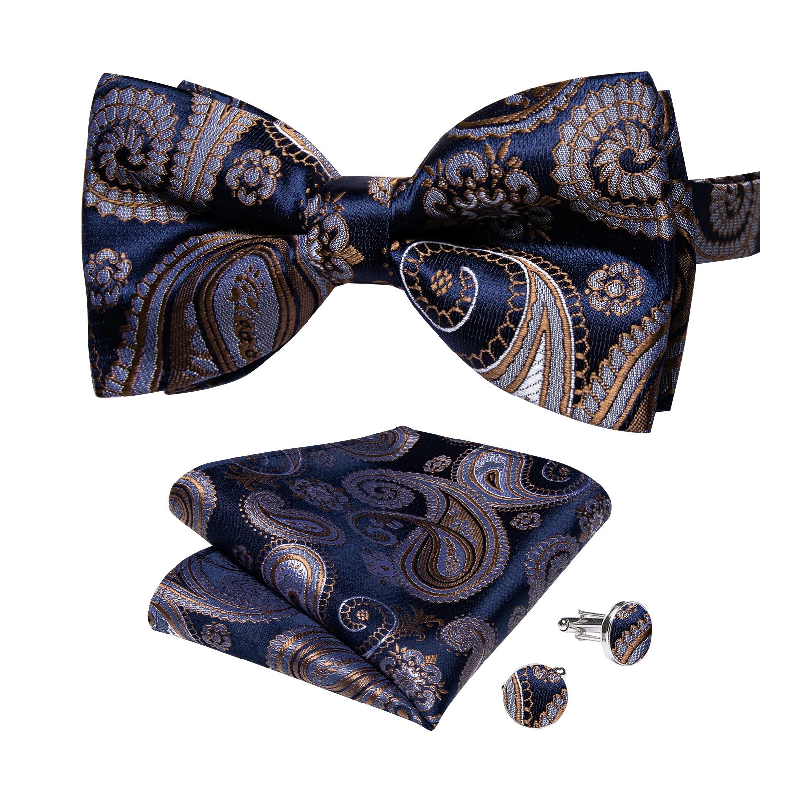 Classic Black Men Bow Ties Bowties Butterfly Pocket Square Cufflinks Set Suit Paisley Gold Pre-Tied Bow Tie