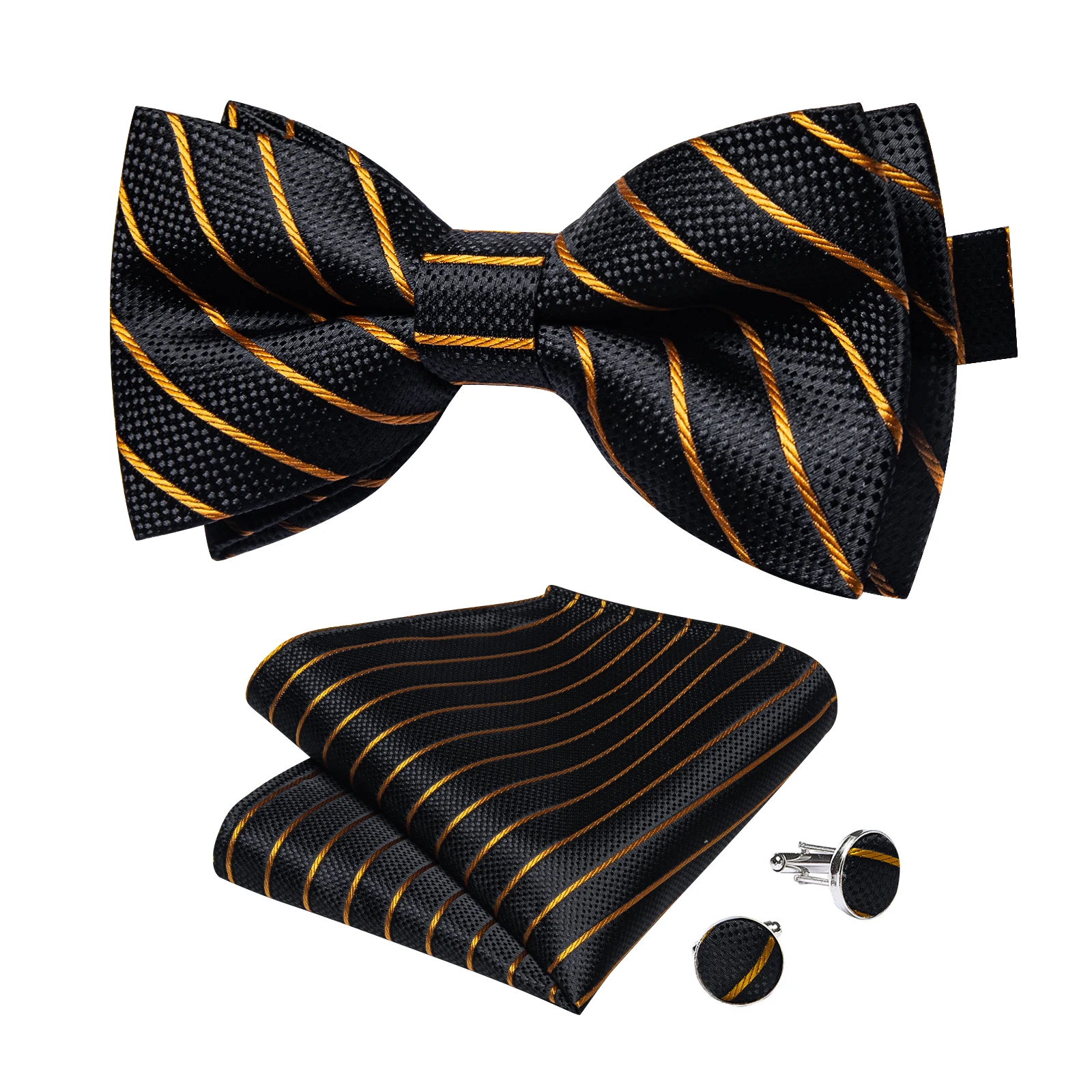 Classic Black Men Bow Ties Bowties Butterfly Pocket Square Cufflinks Set Suit Paisley Gold Pre-Tied Bow Tie