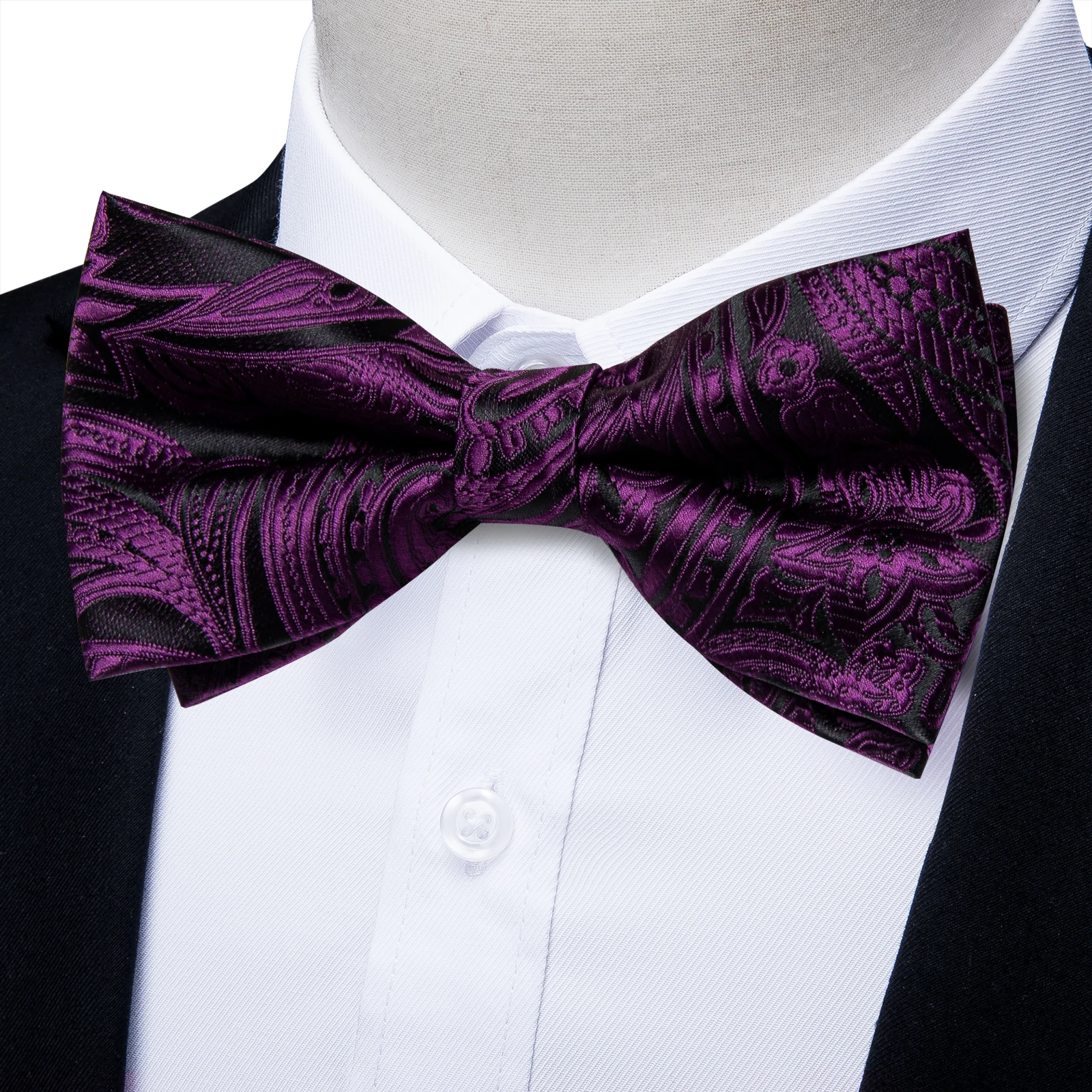 Classic Black Men Bow Ties Bowties Butterfly Pocket Square Cufflinks Set Suit Paisley Gold Pre-Tied Bow Tie