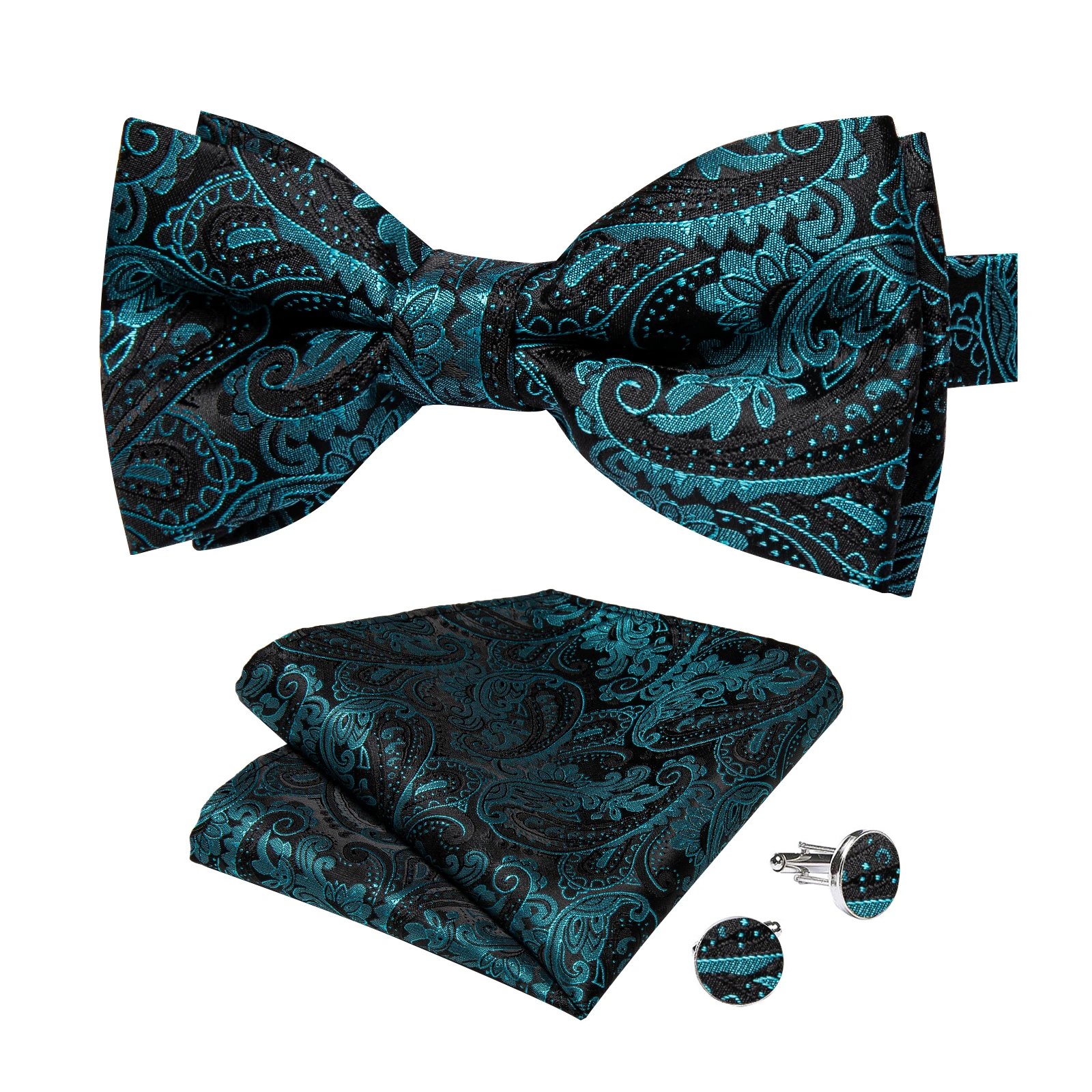 Classic Black Men Bow Ties Bowties Butterfly Pocket Square Cufflinks Set Suit Paisley Gold Pre-Tied Bow Tie