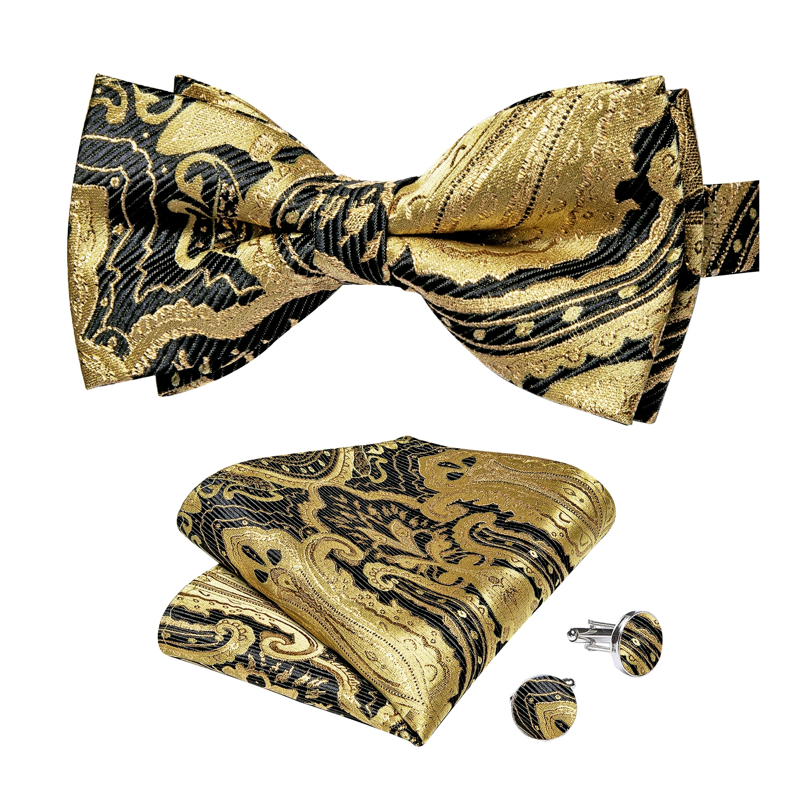 Classic Black Men Bow Ties Bowties Butterfly Pocket Square Cufflinks Set Suit Paisley Gold Pre-Tied Bow Tie
