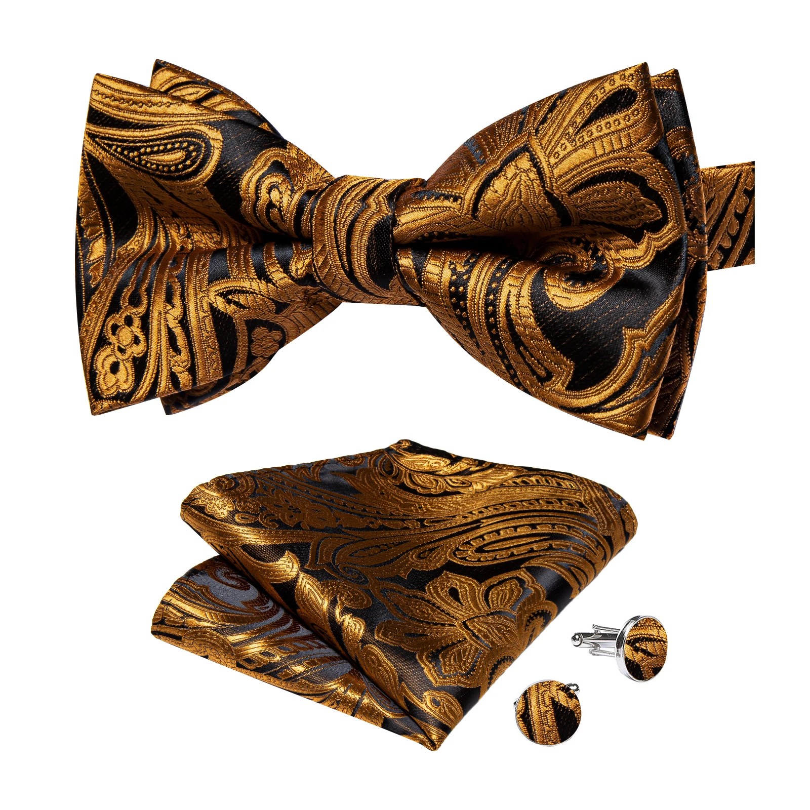 Classic Black Men Bow Ties Bowties Butterfly Pocket Square Cufflinks Set Suit Paisley Gold Pre-Tied Bow Tie