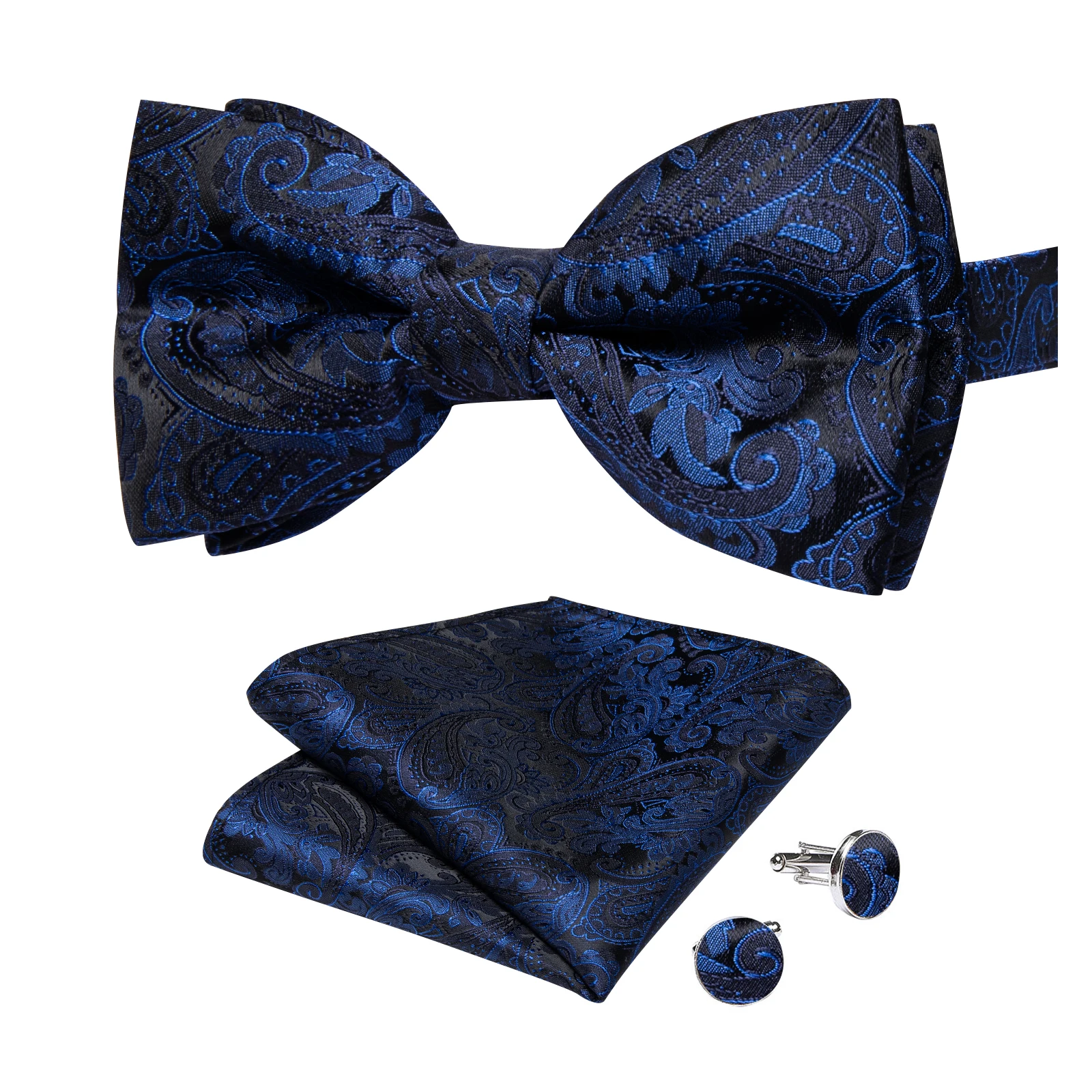 Classic Black Men Bow Ties Bowties Butterfly Pocket Square Cufflinks Set Suit Paisley Gold Pre-Tied Bow Tie