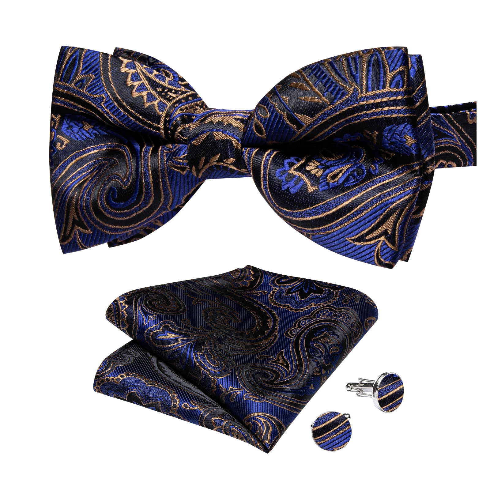 Classic Black Men Bow Ties Bowties Butterfly Pocket Square Cufflinks Set Suit Paisley Gold Pre-Tied Bow Tie