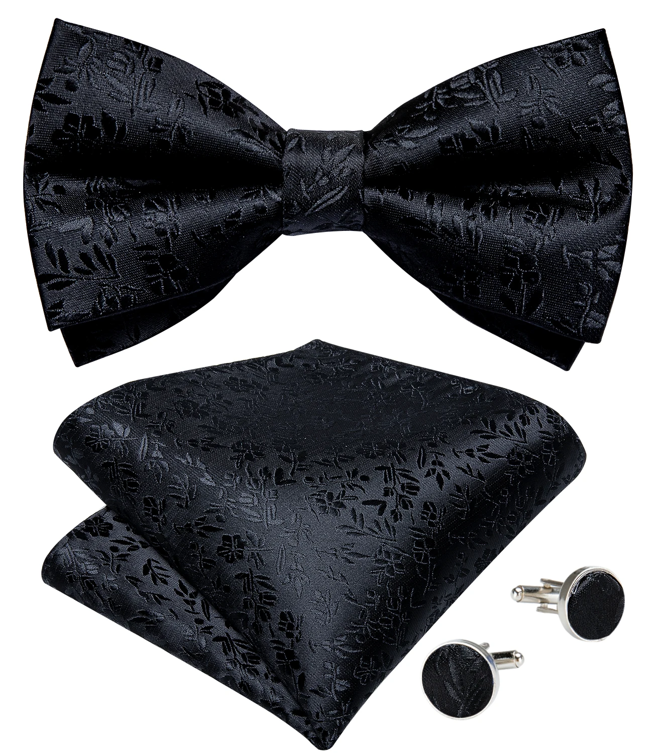 Classic Black Men Bow Ties Bowties Butterfly Pocket Square Cufflinks Set Suit Paisley Gold Pre-Tied Bow Tie