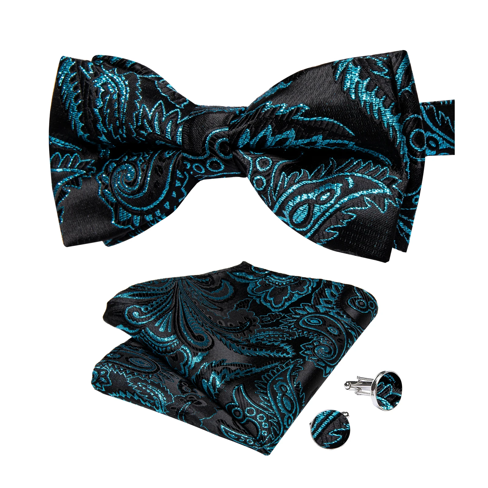 Classic Black Men Bow Ties Bowties Butterfly Pocket Square Cufflinks Set Suit Paisley Gold Pre-Tied Bow Tie