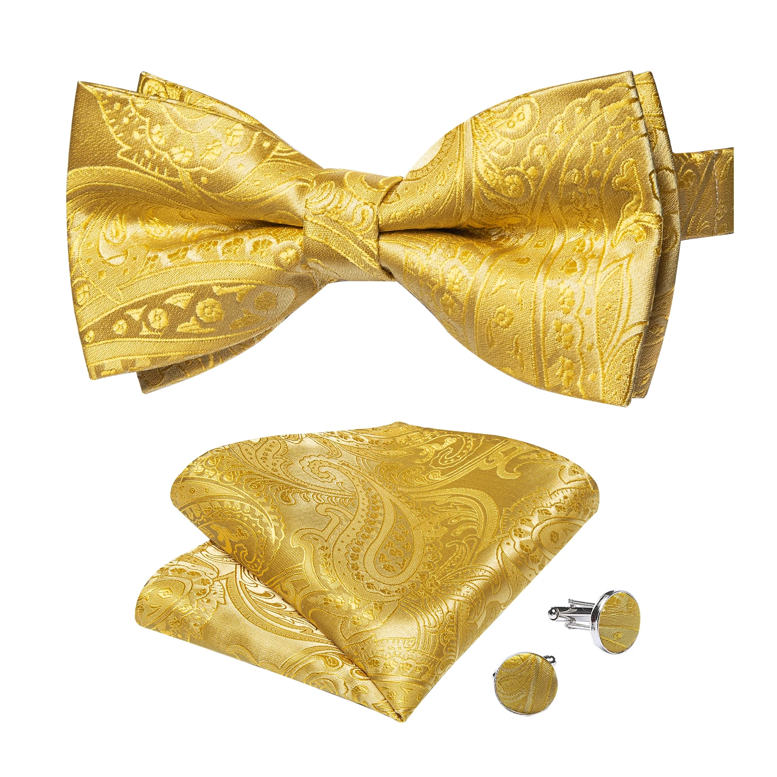 Classic Black Men Bow Ties Bowties Butterfly Pocket Square Cufflinks Set Suit Paisley Gold Pre-Tied Bow Tie