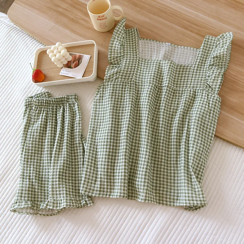 2026 Japanese Summer New Women's Pajamas Suit Short-sleeved Shorts Two-piece 100% Cotton Crepe Simple Checked Thin Home Clothes