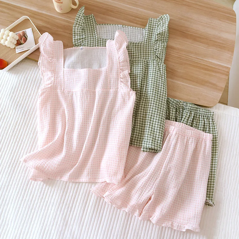 2026 Japanese Summer New Women's Pajamas Suit Short-sleeved Shorts Two-piece 100% Cotton Crepe Simple Checked Thin Home Clothes