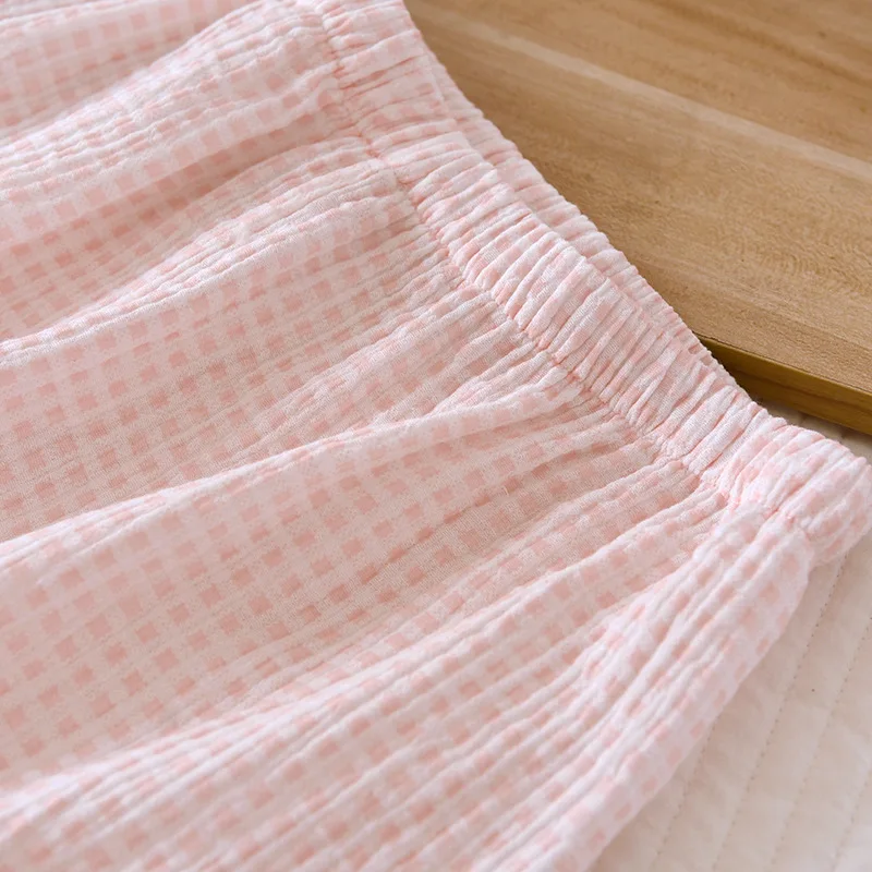 2026 Japanese Summer New Women's Pajamas Suit Short-sleeved Shorts Two-piece 100% Cotton Crepe Simple Checked Thin Home Clothes