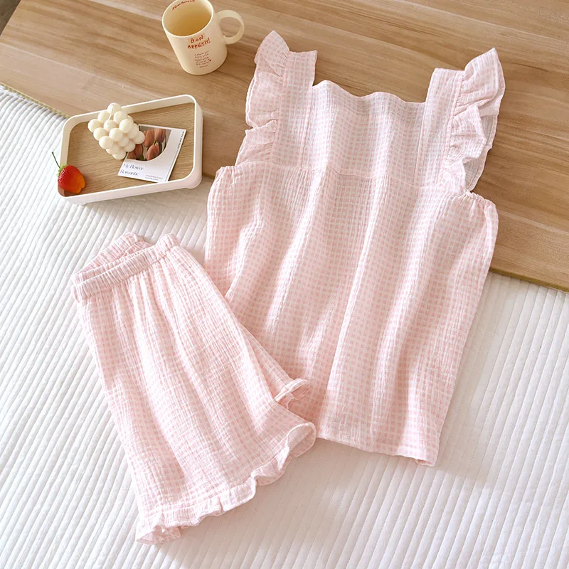 2026 Japanese Summer New Women's Pajamas Suit Short-sleeved Shorts Two-piece 100% Cotton Crepe Simple Checked Thin Home Clothes