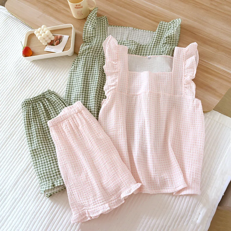 2026 Japanese Summer New Women's Pajamas Suit Short-sleeved Shorts Two-piece 100% Cotton Crepe Simple Checked Thin Home Clothes