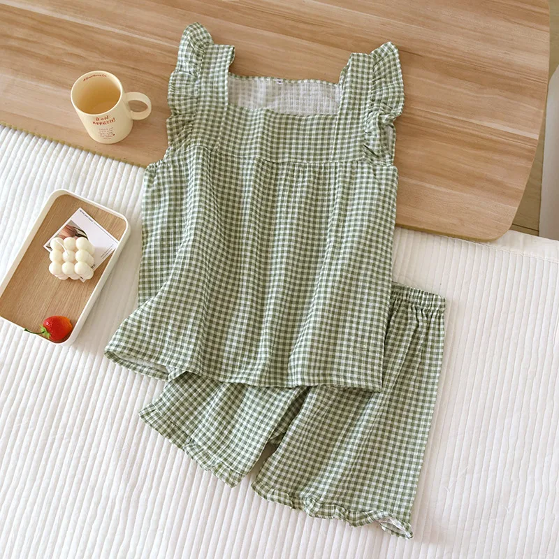 2026 Japanese Summer New Women's Pajamas Suit Short-sleeved Shorts Two-piece 100% Cotton Crepe Simple Checked Thin Home Clothes
