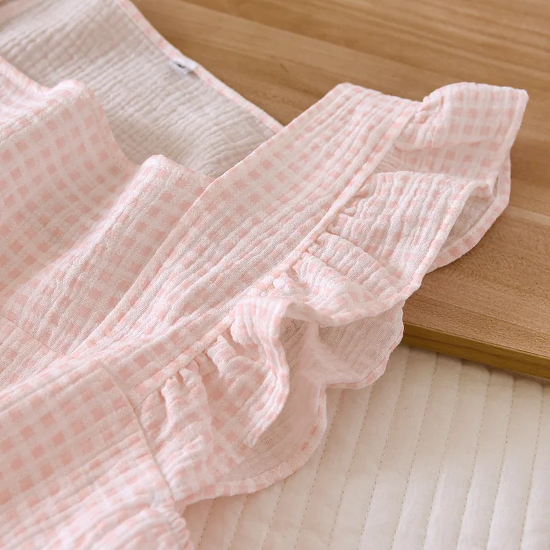 2026 Japanese Summer New Women's Pajamas Suit Short-sleeved Shorts Two-piece 100% Cotton Crepe Simple Checked Thin Home Clothes