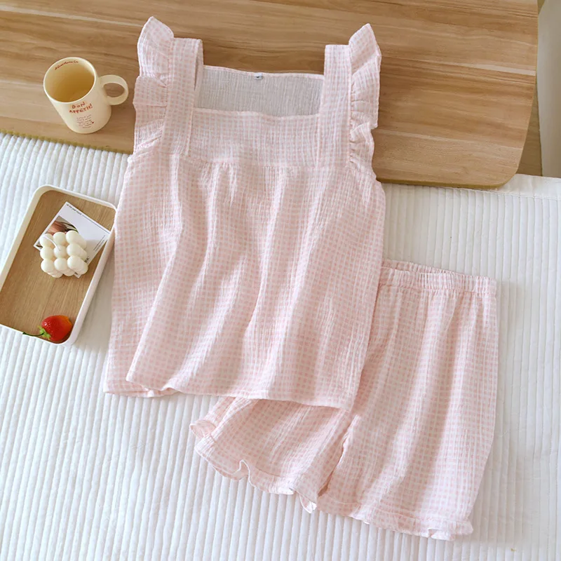 2026 Japanese Summer New Women's Pajamas Suit Short-sleeved Shorts Two-piece 100% Cotton Crepe Simple Checked Thin Home Clothes