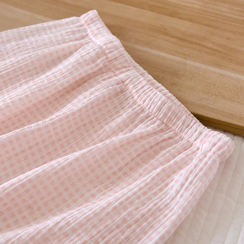 2026 Japanese Summer New Women's Pajamas Suit Short-sleeved Shorts Two-piece 100% Cotton Crepe Simple Checked Thin Home Clothes