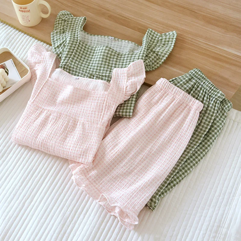 2026 Japanese Summer New Women's Pajamas Suit Short-sleeved Shorts Two-piece 100% Cotton Crepe Simple Checked Thin Home Clothes