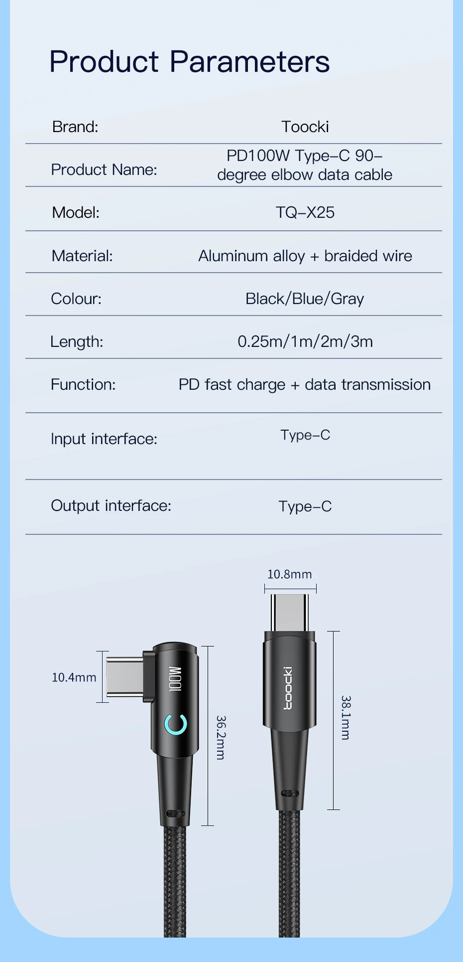 Toocki 100W USB C TO Type C Cable PD Fast Charger For Samsung HUAWEI Xiaomi MacBook POCO Elbow 90 Degree USB 2.0 Data Cord Wire