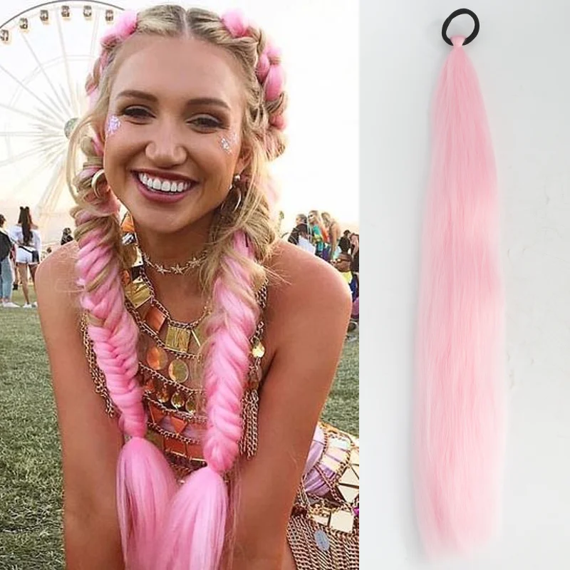 LUPU Synthetic Ponytail Extension with Elastic Tie Hair Band 26" Long Straight Colored Braiding Ponytail Ombre Pink Purple Blue