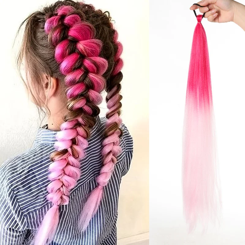 LUPU Synthetic Ponytail Extension with Elastic Tie Hair Band 26" Long Straight Colored Braiding Ponytail Ombre Pink Purple Blue