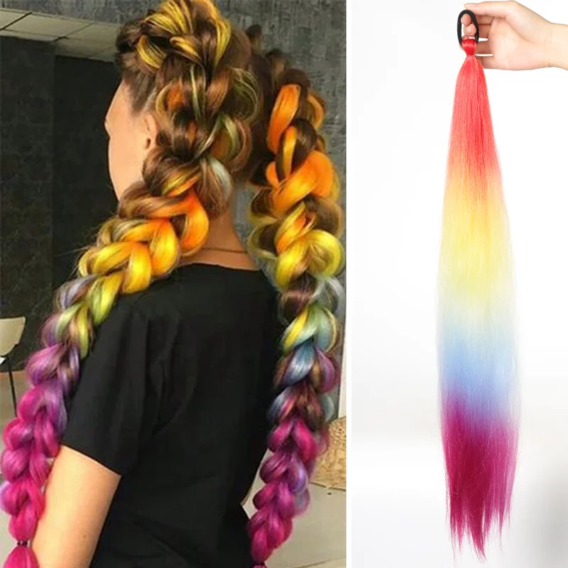 LUPU Synthetic Ponytail Extension with Elastic Tie Hair Band 26" Long Straight Colored Braiding Ponytail Ombre Pink Purple Blue