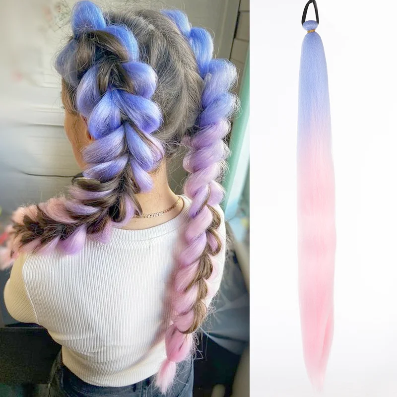 LUPU Synthetic Ponytail Extension with Elastic Tie Hair Band 26" Long Straight Colored Braiding Ponytail Ombre Pink Purple Blue