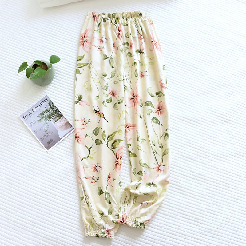 Spring And Summer New Women's Trousers 100% Viscose Large Flowers Comfortable Pajama Pants Loose Closing Home Pants Plus Size