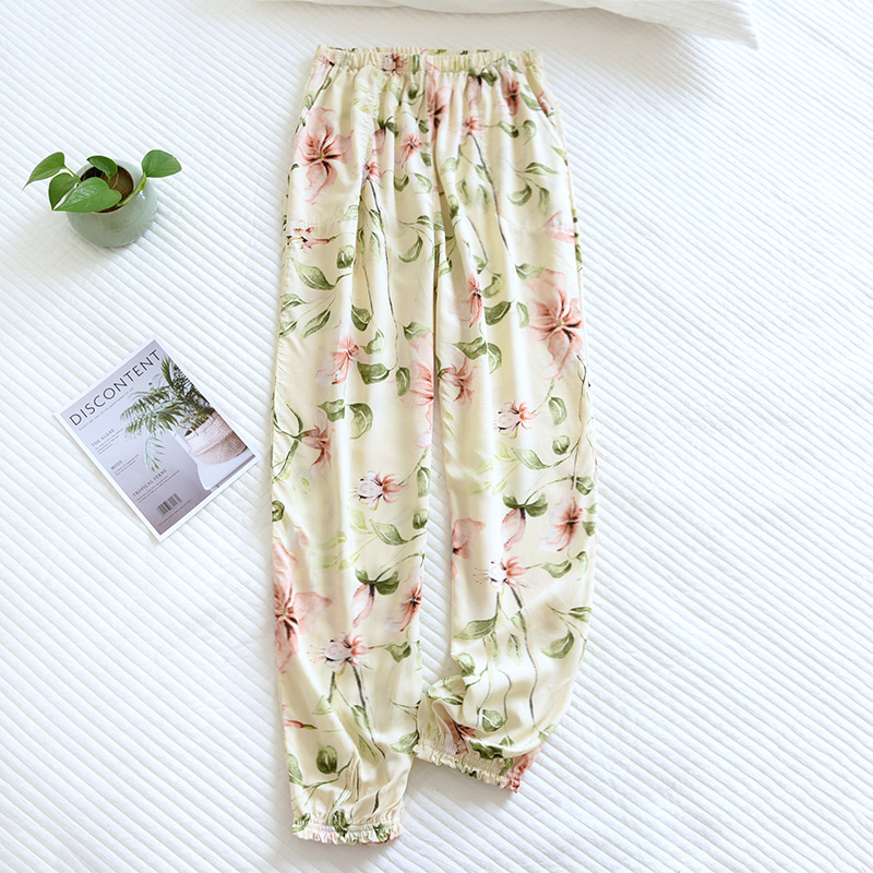Spring And Summer New Women's Trousers 100% Viscose Large Flowers Comfortable Pajama Pants Loose Closing Home Pants Plus Size