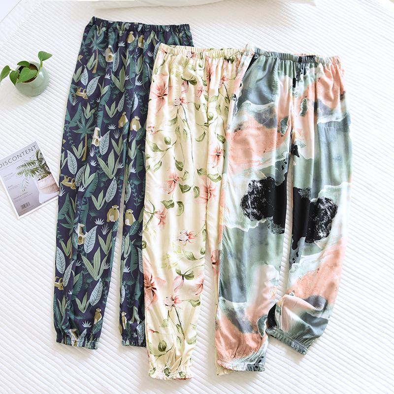 Spring And Summer New Women's Trousers 100% Viscose Large Flowers Comfortable Pajama Pants Loose Closing Home Pants Plus Size