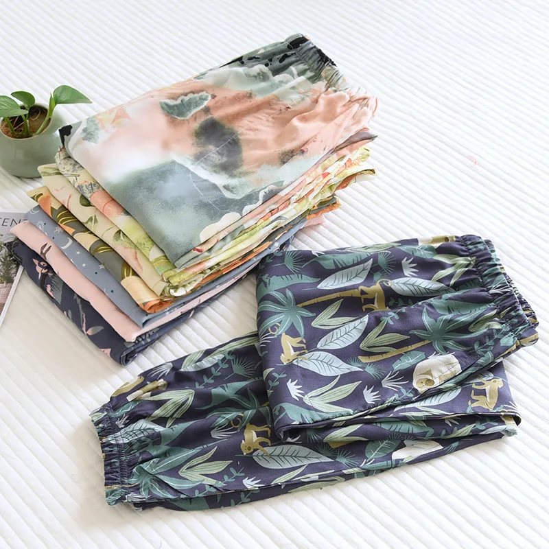 Spring And Summer New Women's Trousers 100% Viscose Large Flowers Comfortable Pajama Pants Loose Closing Home Pants Plus Size