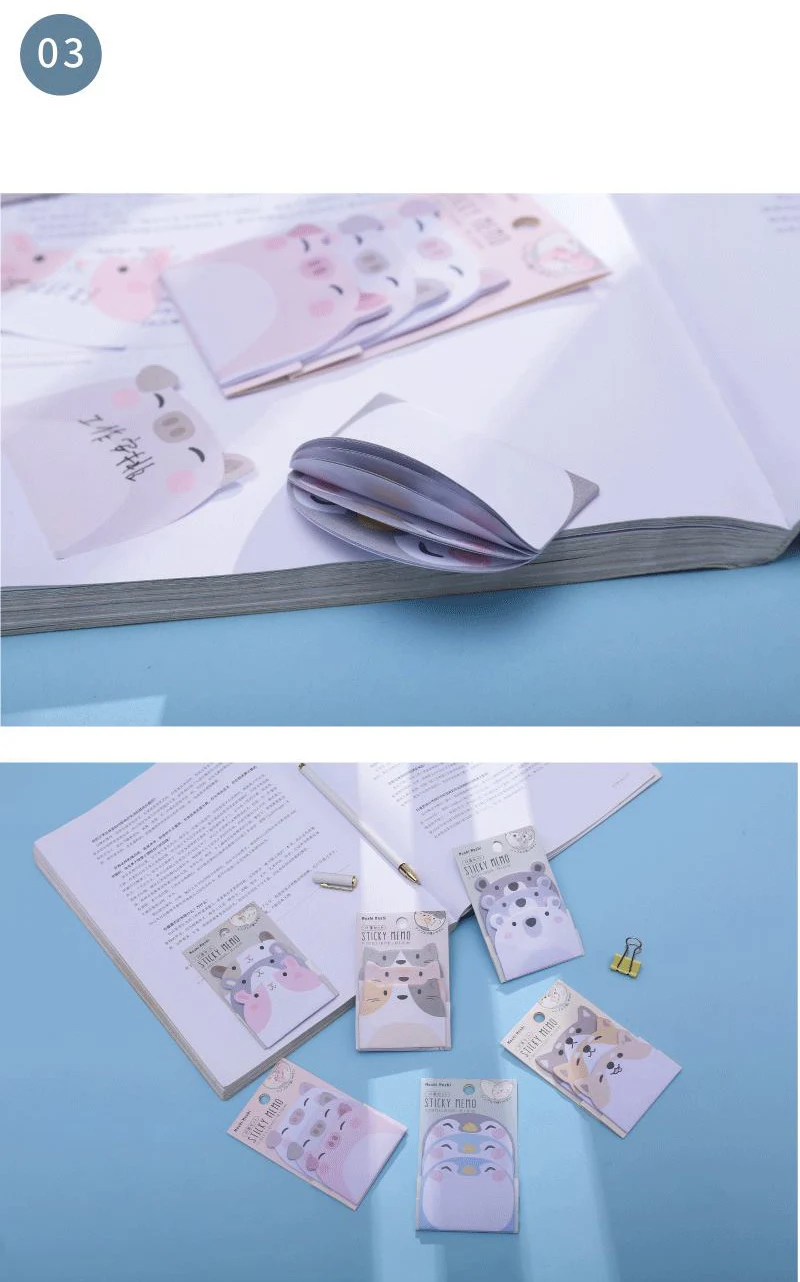 45Sheets/Pack Cartoon Sticky Notes Kawaii Penguin Pig Bear Cat Memo Pads Sticker Student Gifts Stationery School Office Supplies