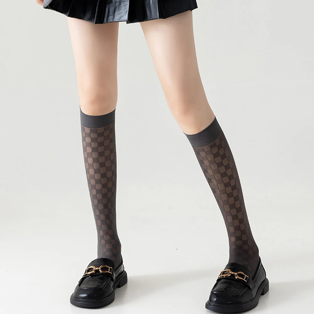 Calf Socks Women's Summer Thin Black Stockings JK Socks Long Tube Stockings Diamond-Shaped British Style Half-Length Tube Socks