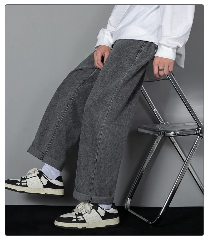 2026 New Korean Men's Casual Long Jeans Classic Man Straight Denim Wide-leg Pants Solid Color Light Blue Grey Black